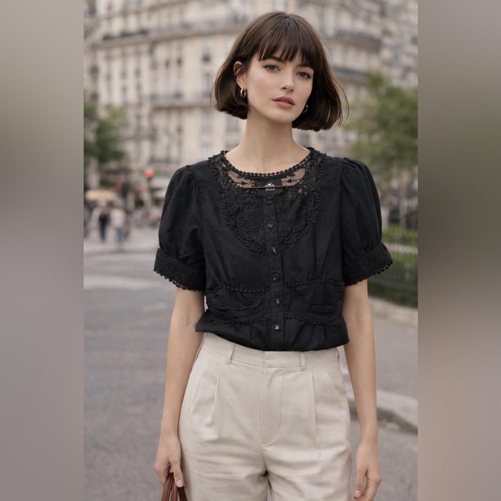 Blouse - Bizz Black Lace Trim Sheer Blouse – Romantic Parisian Style Top